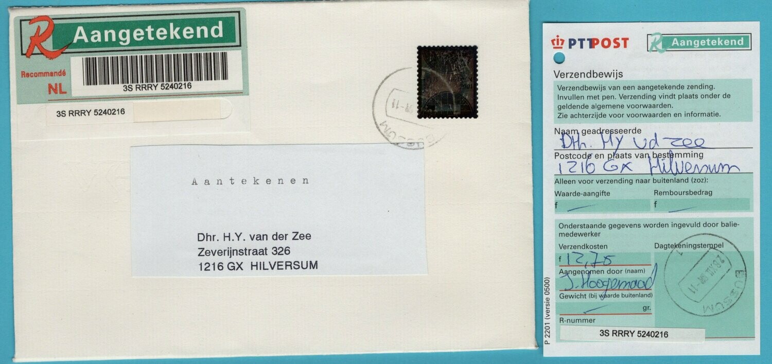 NEDERLAND R brief 2001 Bussum zilver zegel + ontvangst