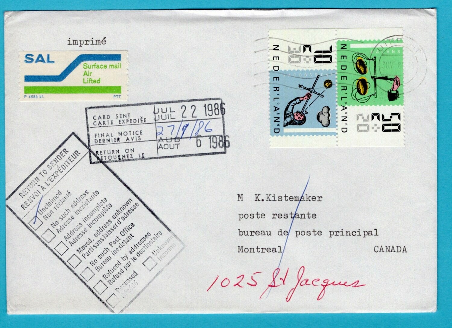 NEDERLAND brief 1986 Utrecht naar Canada en retour
