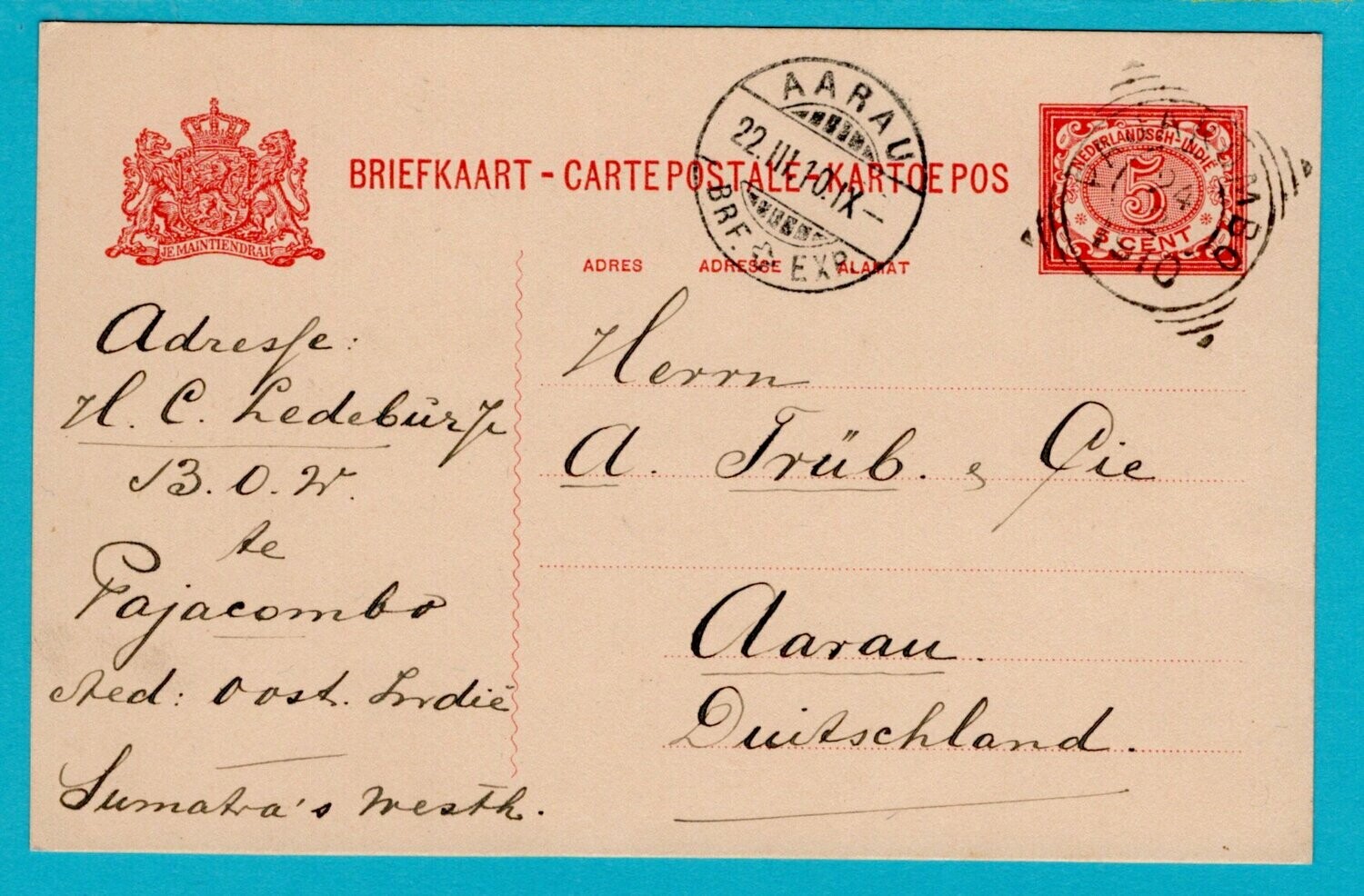 NETHERLANDS EAST INDIES postal card 1910 Pajakombo to Switzerland