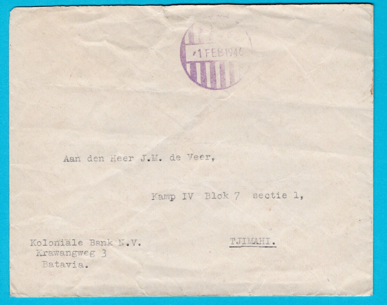 NETHERLANDS EAST INDIES cover 1946 Batavia provisional to Kamp IV