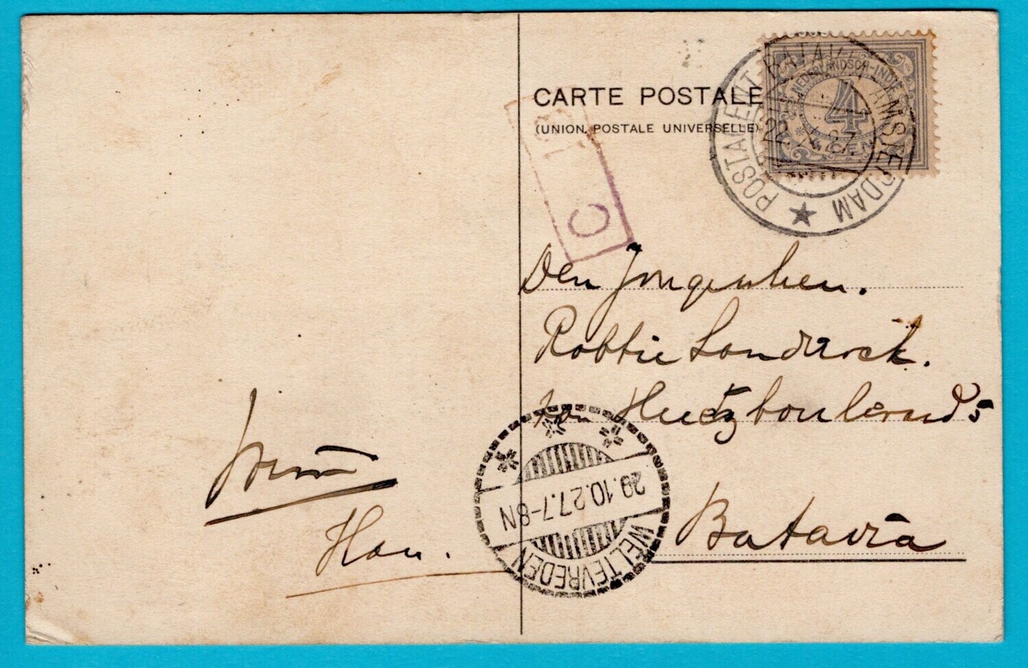 NETHERLANDS EAST INDIES PPC 1927 Postagent Batavia-Amsterdam