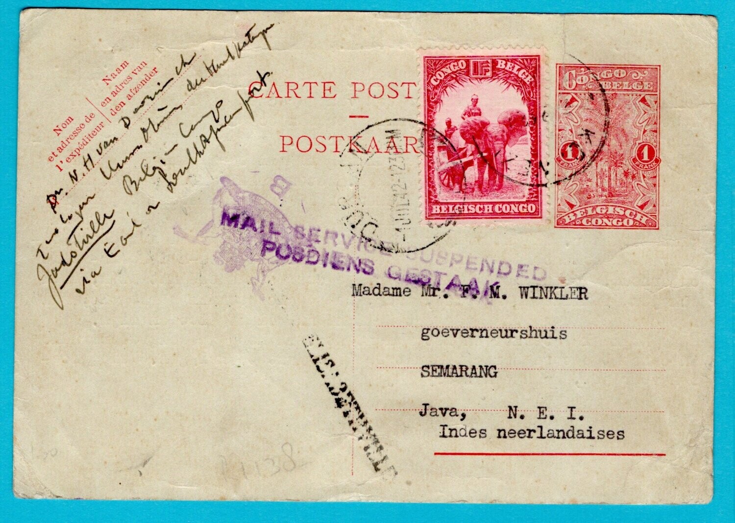 BELGIAN CONGO postal card 1942 to D.E. Indies service suspended