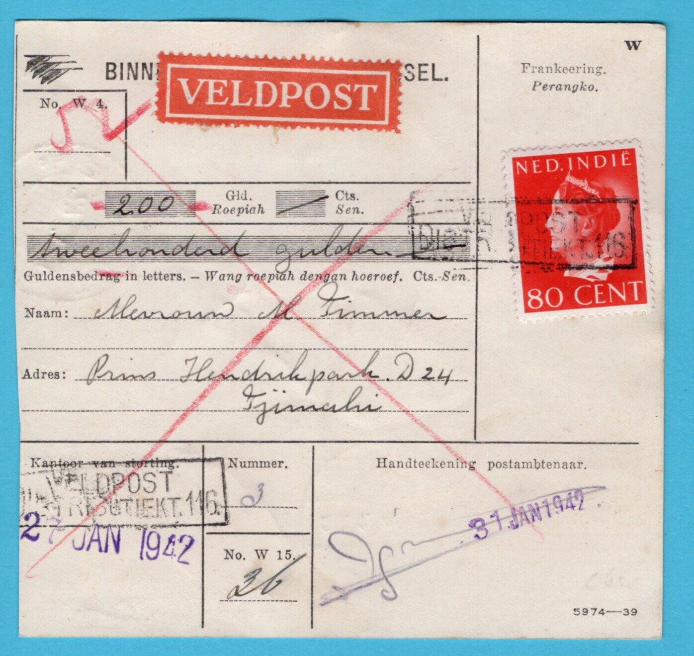 NETHERLANDS EAST INDIES postal mandate 1942 FPO116