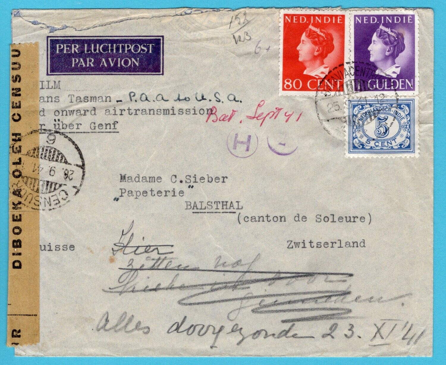 NETHERLANDS EAST INDIES air censor cover 1941 Batavia -Switzerland