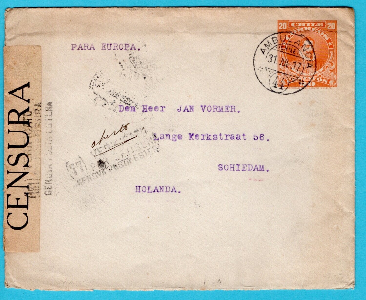 CHILE censor envelope 1917 Sn Antonio Ambulancia 44