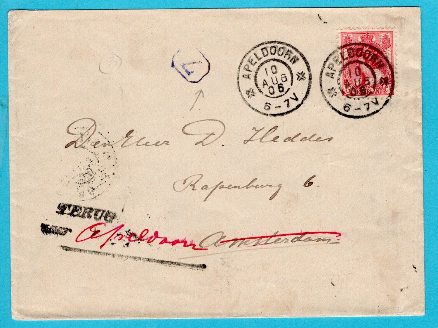 NEDERLAND brief 1906 Apeldoorn naar Amsterdam en retour