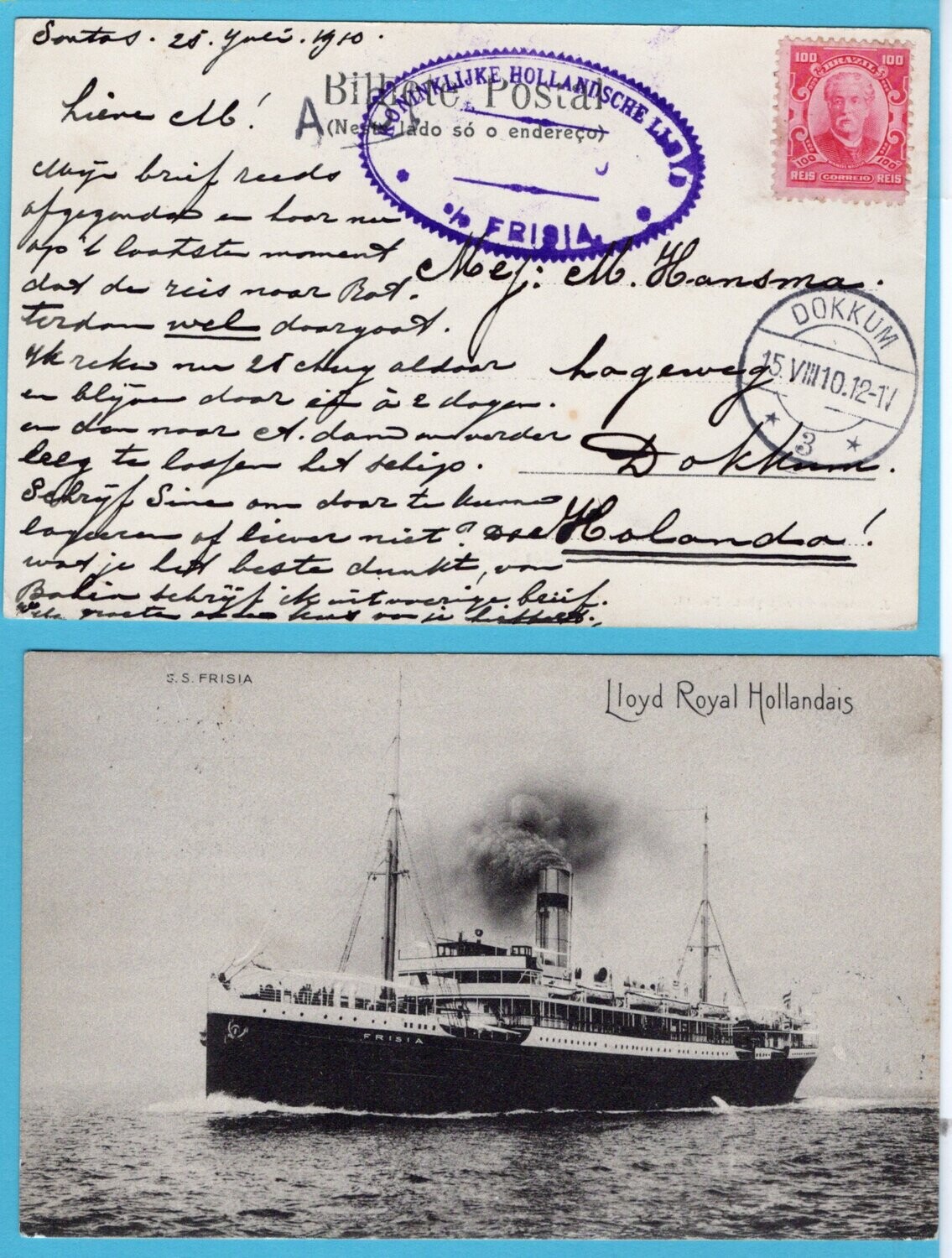 NEDERLAND 2 prentbriefkaarten 1910-12 S.S. Frisia