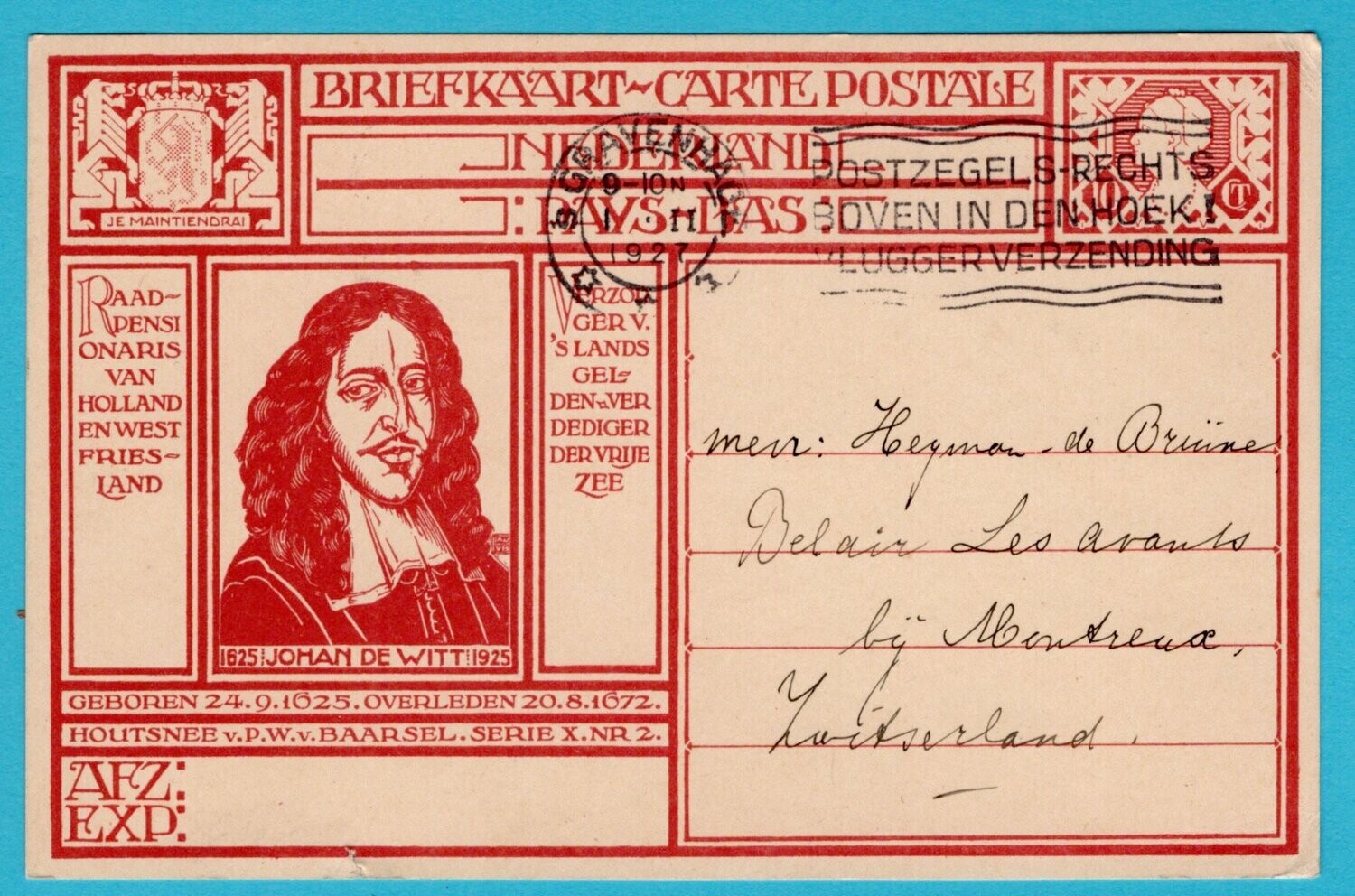 NEDERLAND briefkaart de Witt 1927 naar Zwitserland