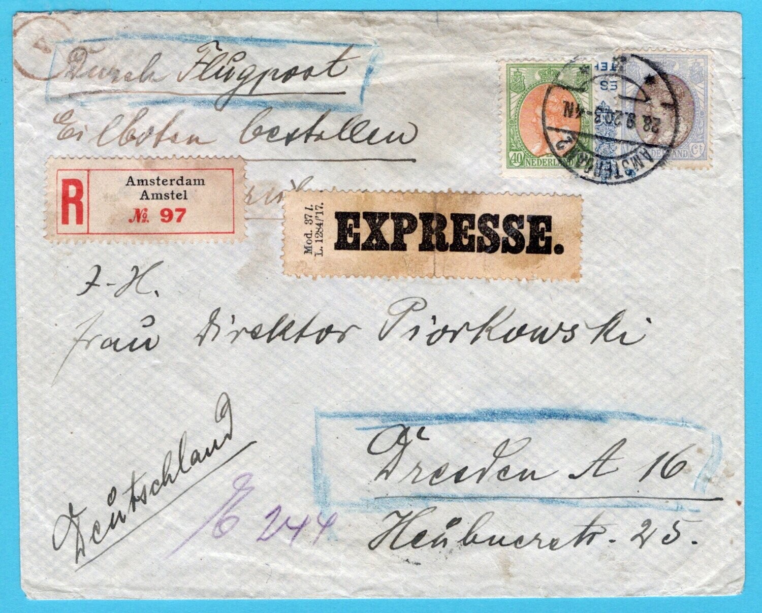 NEDERLAND luchtpost R-expres brief 1920 Amsterdam - Duitsland