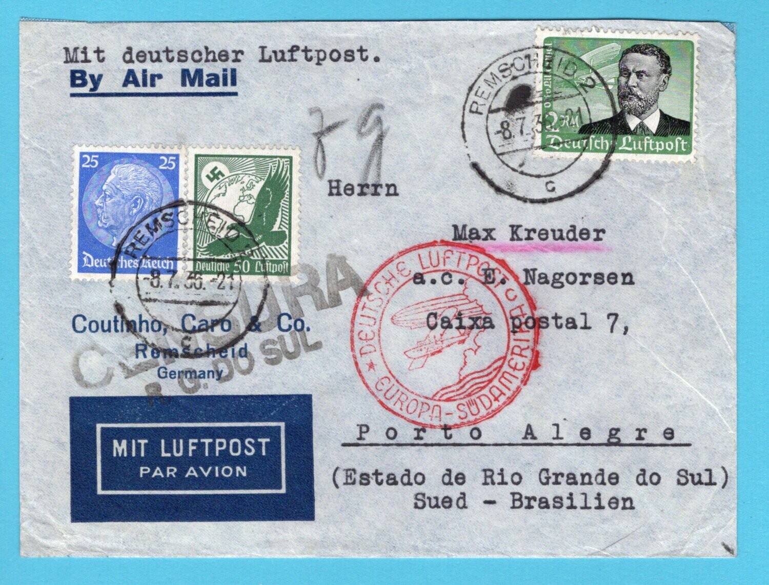 GERMANY air cover 1936 Remscheid to Brazil with censor