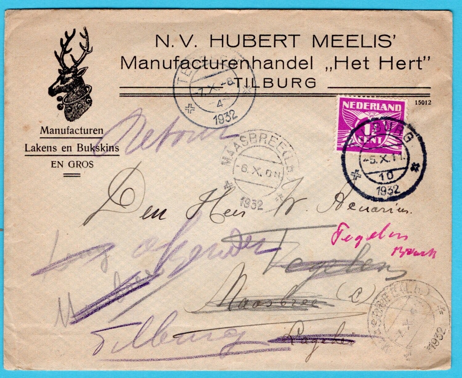 NEDERLAND drukwerk 1932 Tilburg naar Maasbree en retour met HERT illustratie