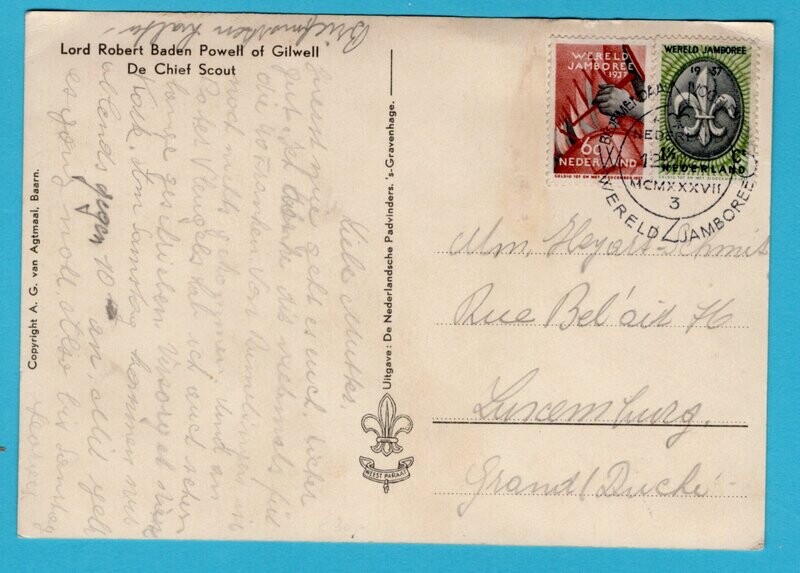 NEDERLAND Jamboree 1937 prentbriefkaart Baden Powell naar Luxemburg
