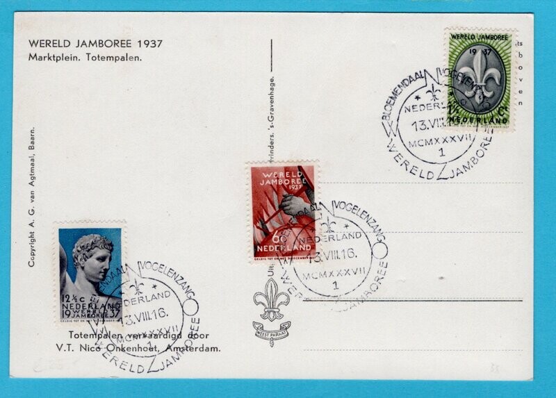 NEDERLAND prentbriefkaart 1937 Wereld Jamboree Vogelenzang Totempalen