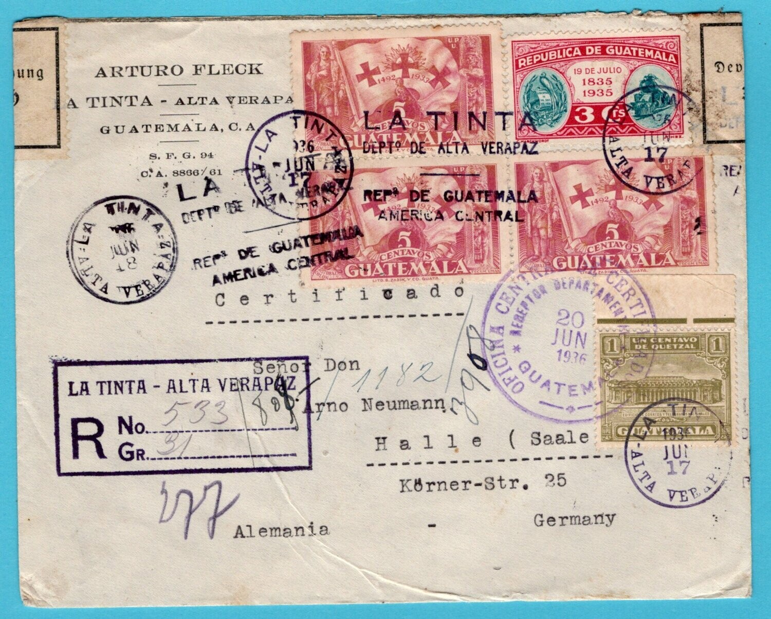 GUATEMALA R cover 1936 La Tinta -Alta Verapaz to Germany