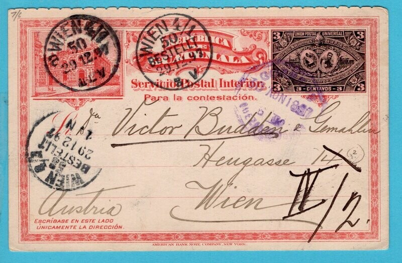 GUATEMALA illustrated postal card 1897 Quezaltenango to Austria
