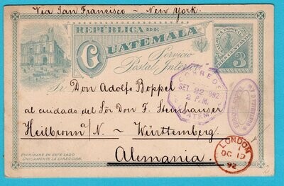 GUATEMALA postal card 1892 over London to Germany