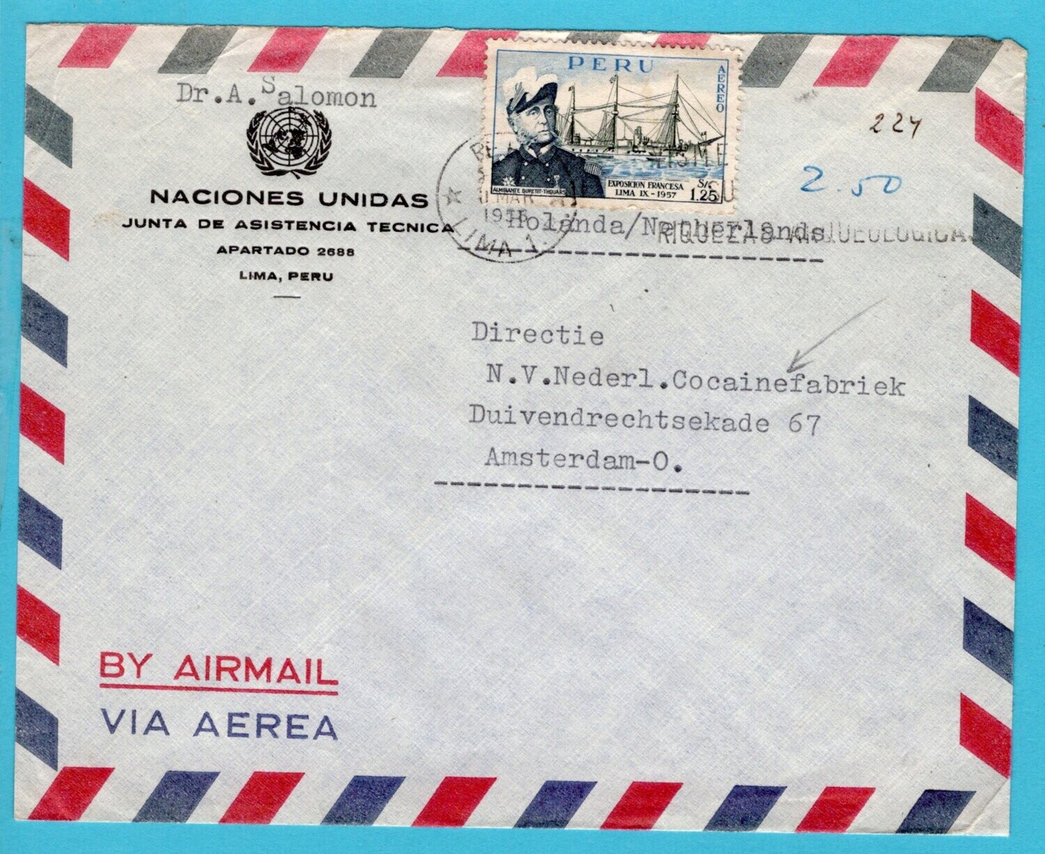 PERU United Nations air cover 1958 Lima to Netherlands