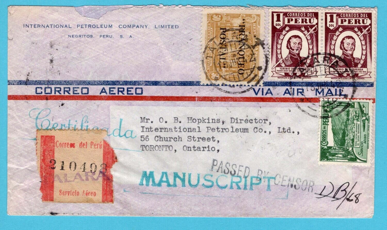 PERU R censored air cover 1942 Talarai to Canada