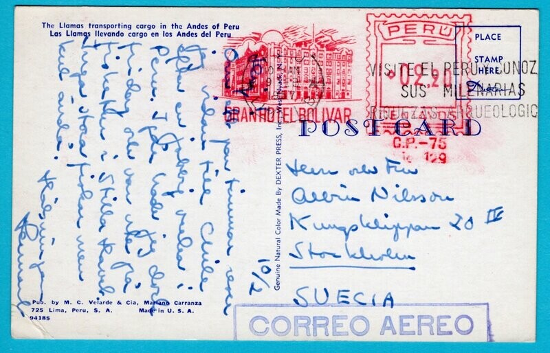 PERU PPC 1957 Gran Hotel Bolivar red meter to Sweden