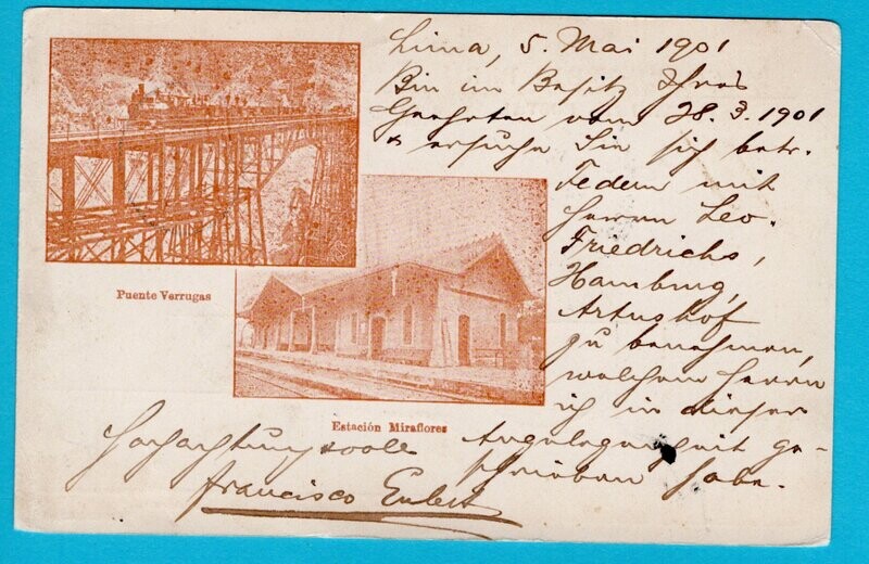 PERU train illustrated postal card 1901 Lima to Germany