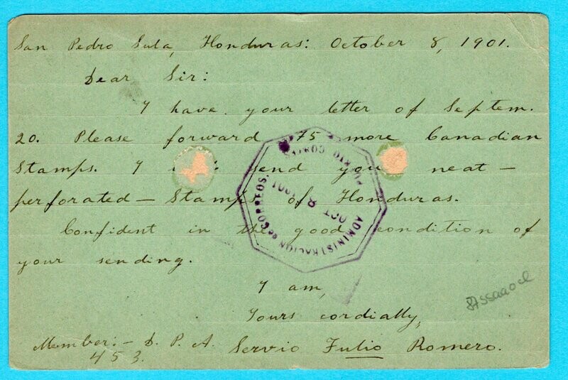 HONDURAS postal card 1901 Sn Pedro Sula shipcancel to Canada