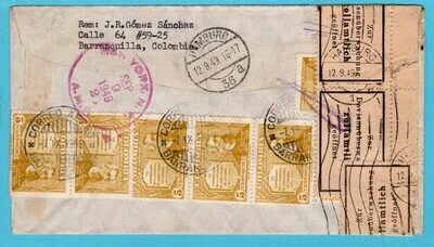 COLOMBIA air cover 1949 Barranquilla with customs censor to Germany