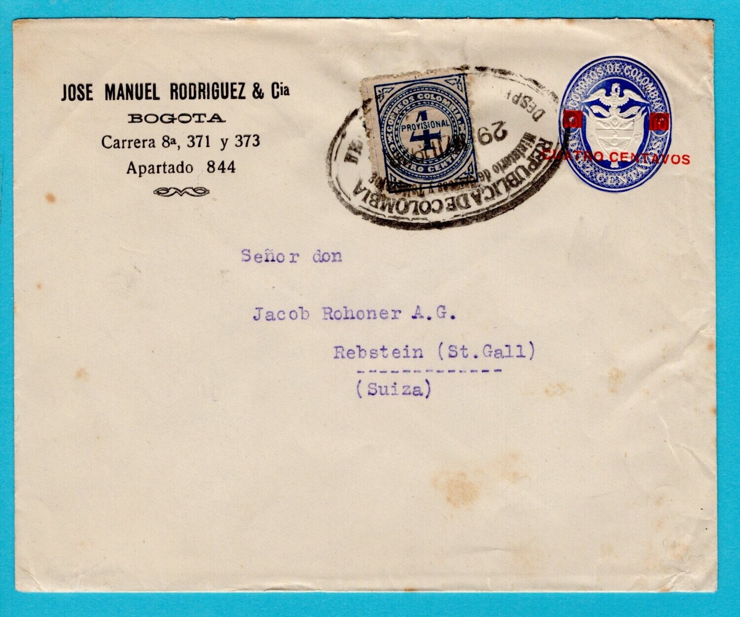 COLOMBIA postal envelope 1928 Bogota to Switzerland