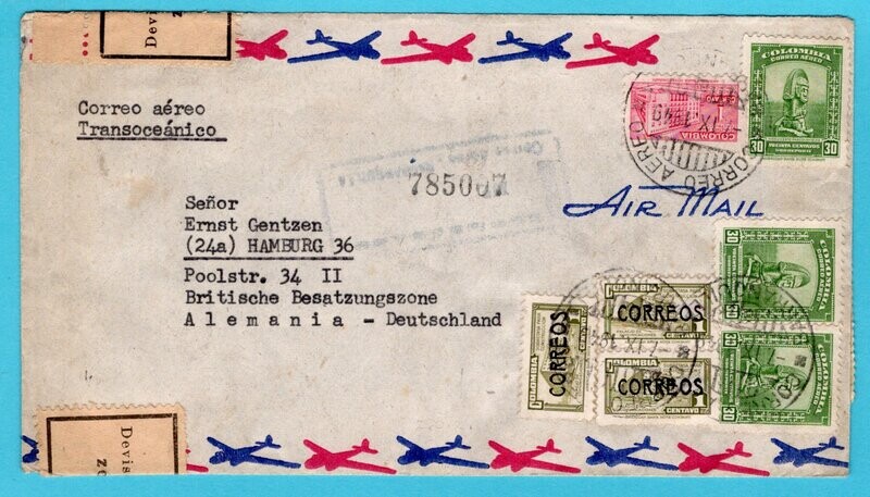 COLOMBIA air cover 1949 Barranquilla with customs censor to Germany