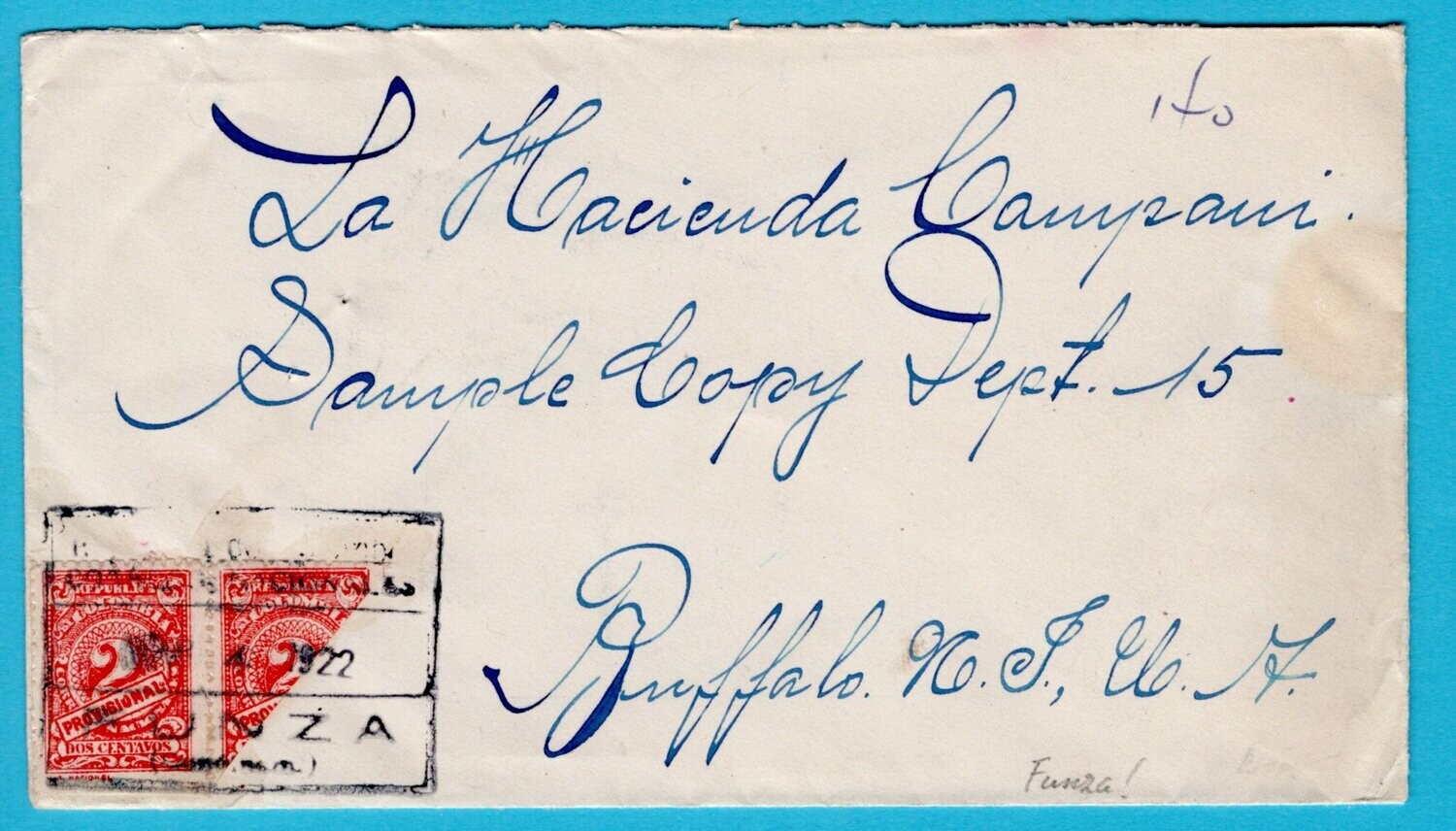 COLOMBIA cover 1922 Funza to USA with bisect