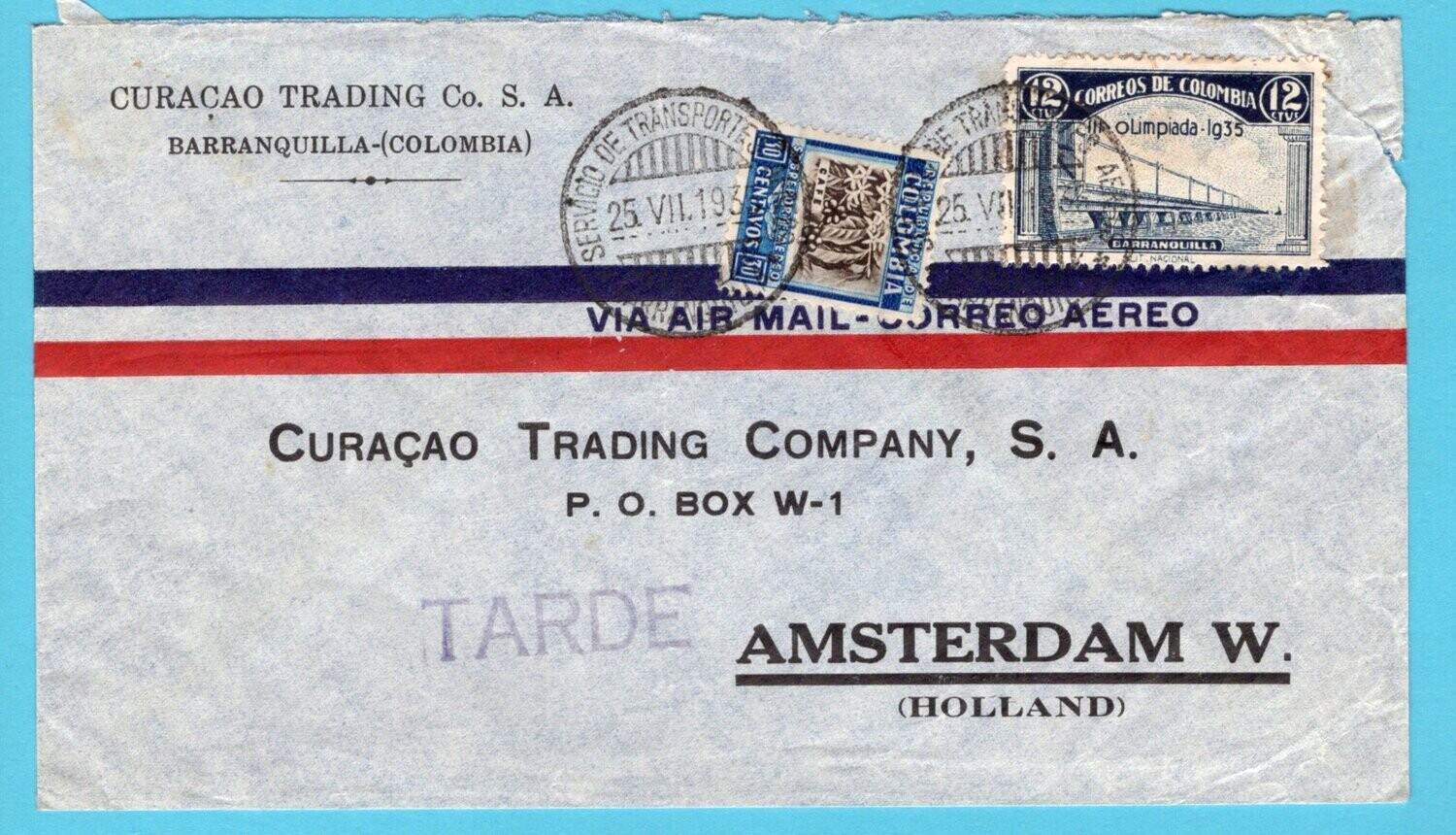 COLOMBIA air cover 1935 Barranquilla to Netherlands with Olympic