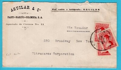COLOMBIA cover 1921 Pasto-Nariño to USA