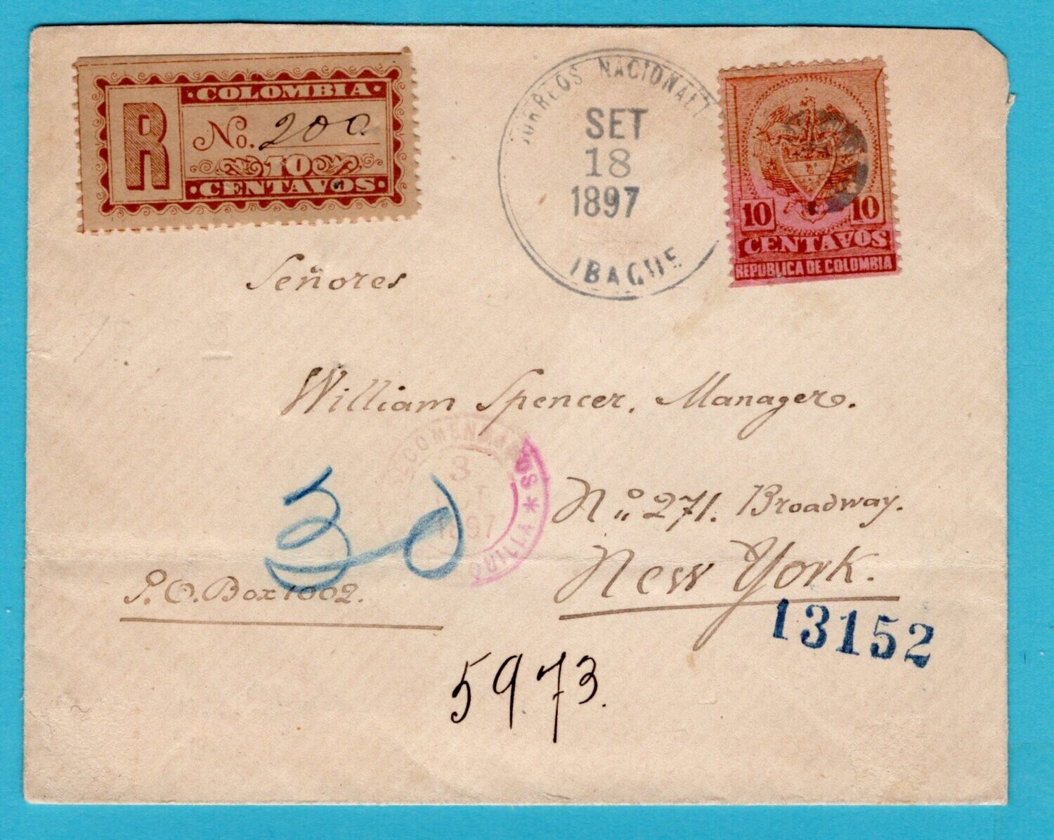 COLOMBIA R cover 1897 Ibague to USA