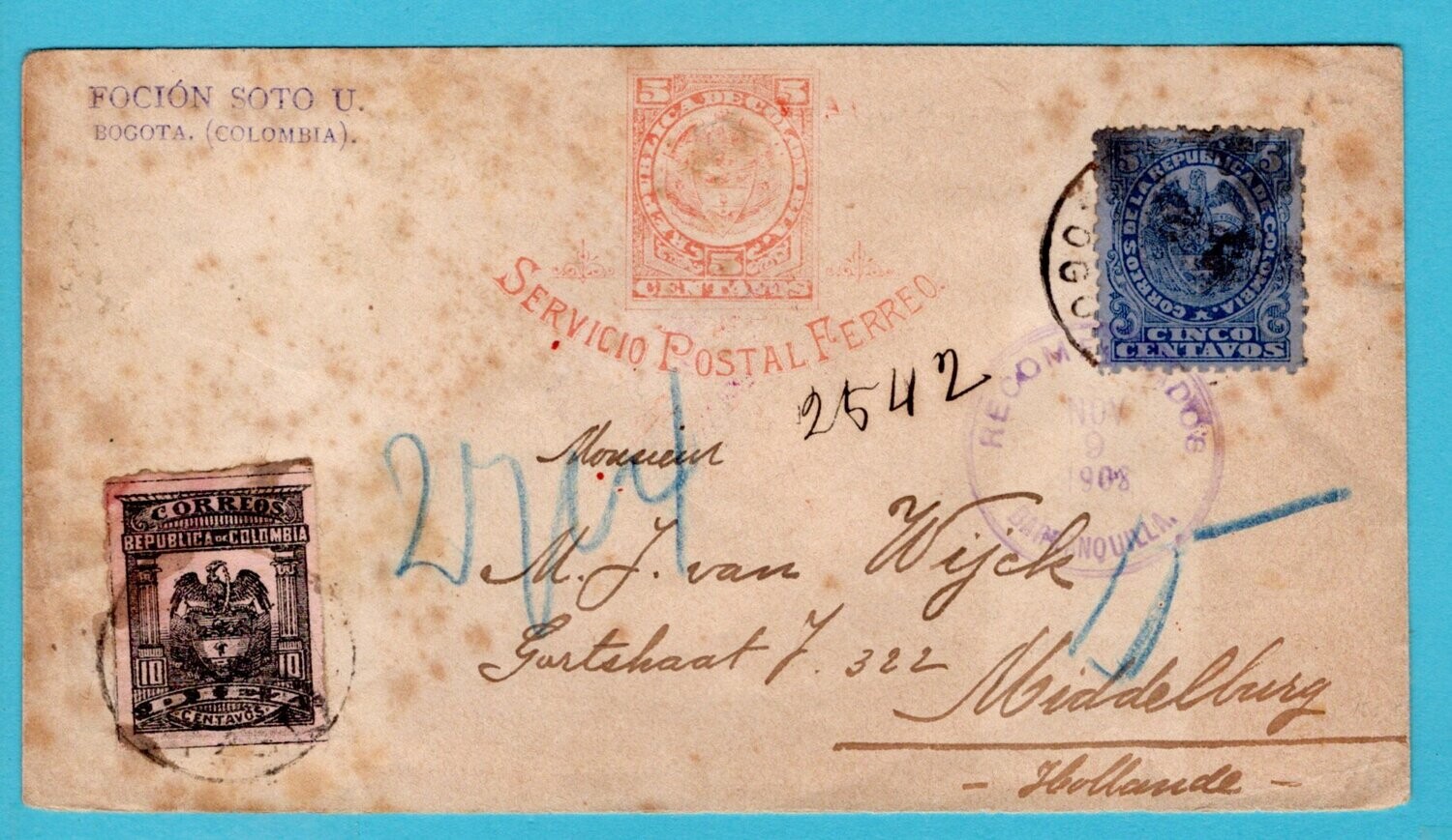 COLOMBIA envelope Servicio Postal Ferreo 1908 Bogota - Netherlands