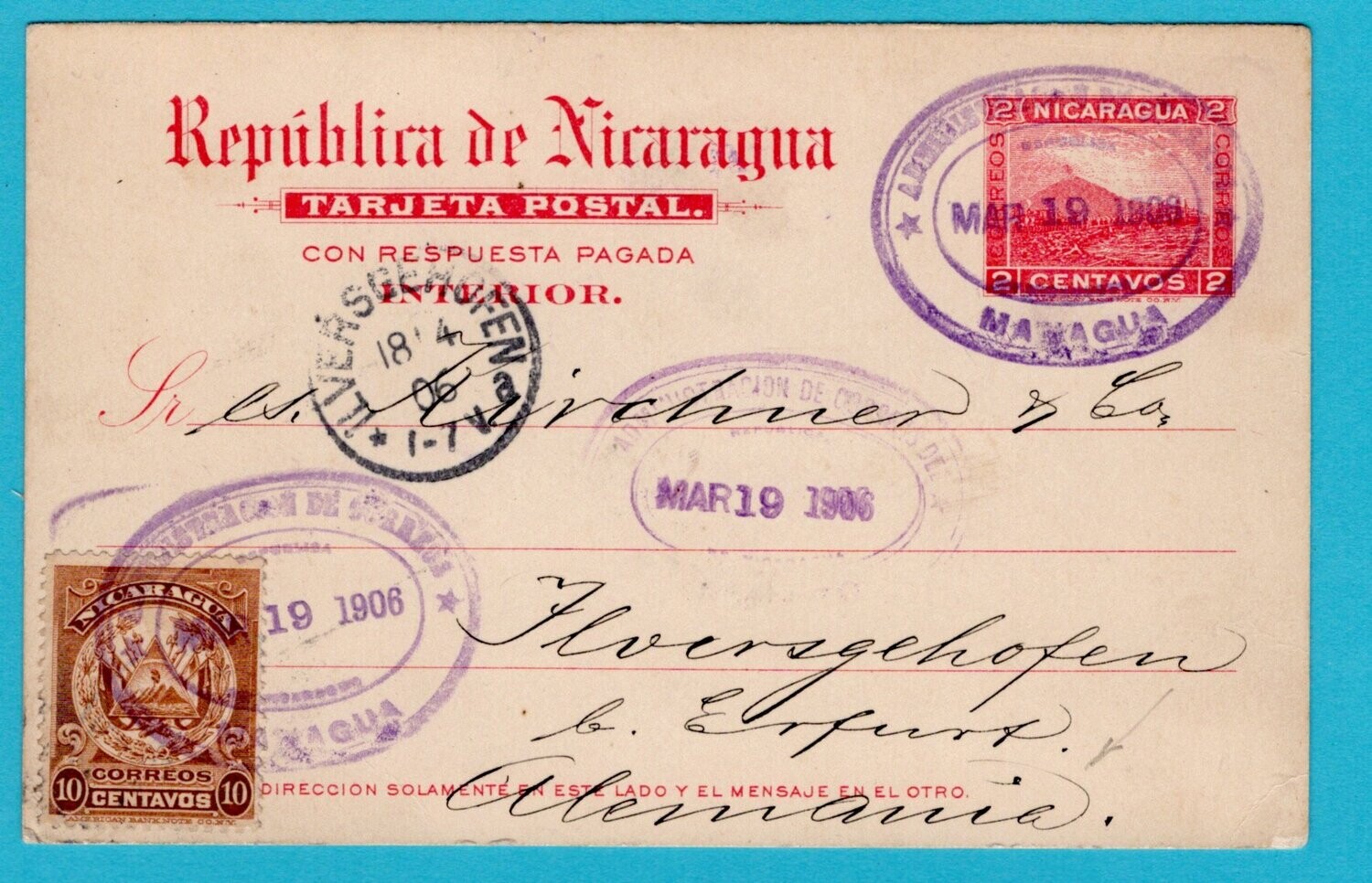 NICARAGUA uprated postal card 1906 Managua to Germany