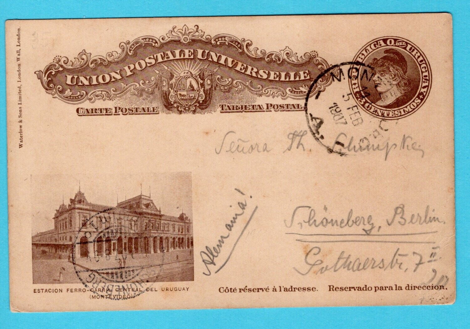URUGUAY postal card 1907 Montevideo railway station to Germany