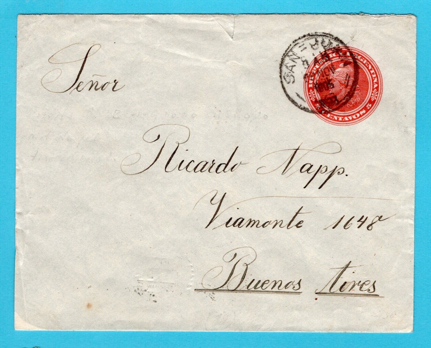 ARGENTINA postal envelope 1905 San Juan - tren atrasado