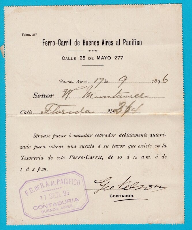 ARGENTINA letter card 1896 B.A. with railroad private printing inside
