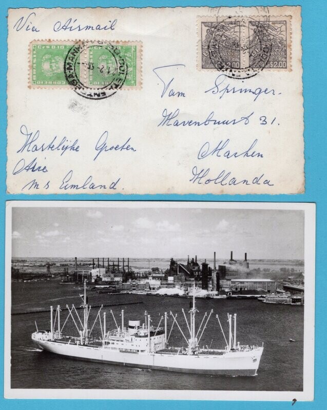BRAZIL PPC 1955 Bahia from ship M.S. Eemland to Netherlands