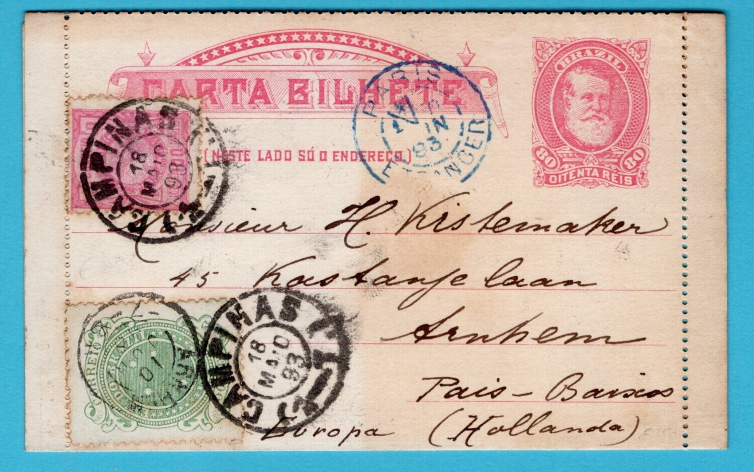 BRAZIL letter sheet 1893 Campinas to Arnhem Netherlands