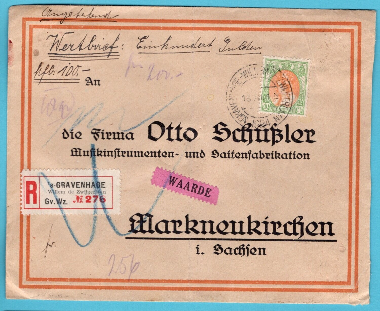 NEDERLAND waardebrief 1924 's Gravenhage naar Duitsland