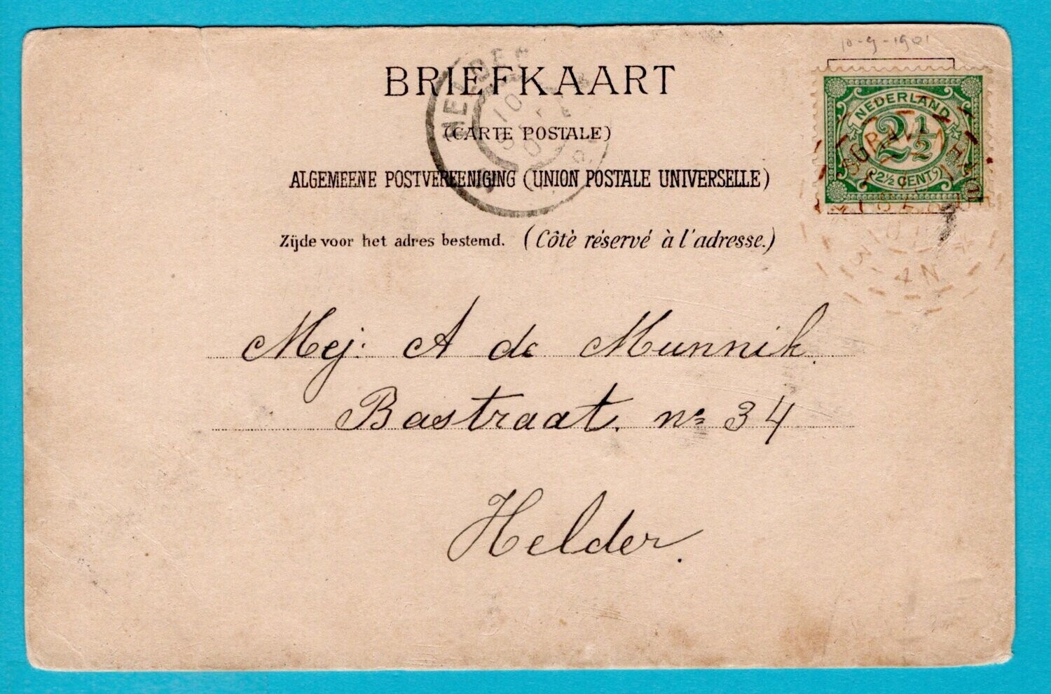 NEDERLAND prentbriefkaart 1901 's Gravenhage brandstempel