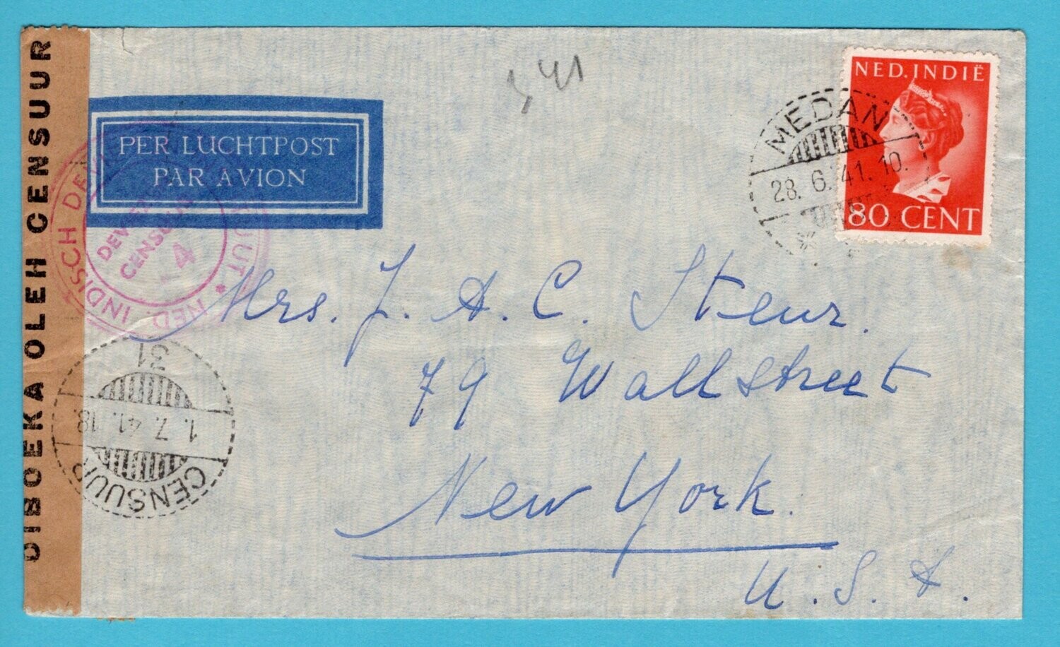 NETHERLANDS EAST INDIES censor air cover 1941 Medan to USA