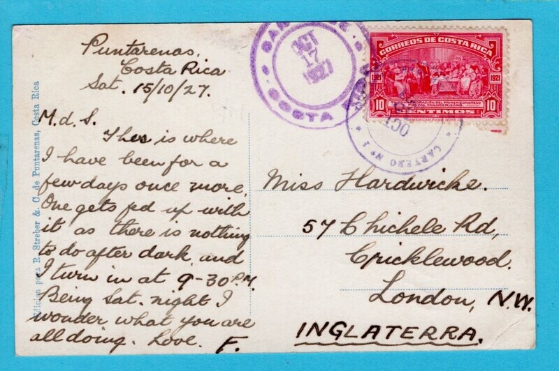 COSTA RICA PPC 1927 Punta Arenas to England