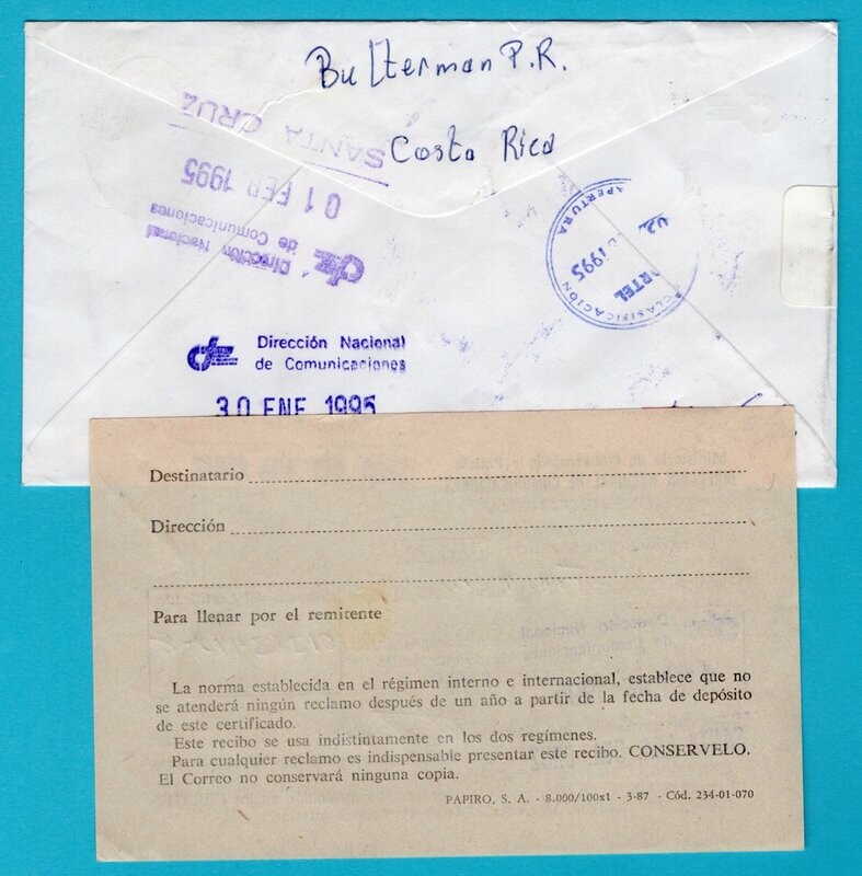 COSTA RICA R cover 1995 Santa Ana with receipt to France
