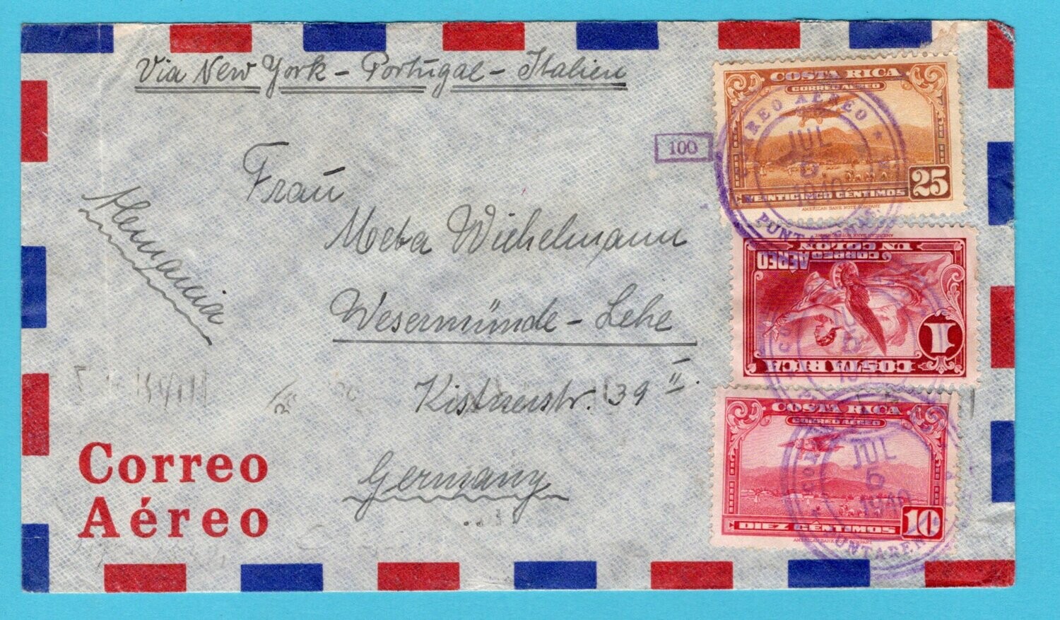 COSTA RICA air cover 1940 Punta Arenas to Germany