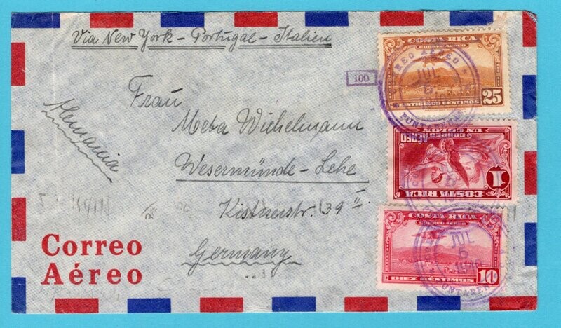 COSTA RICA air cover 1940 Punta Arenas to Germany