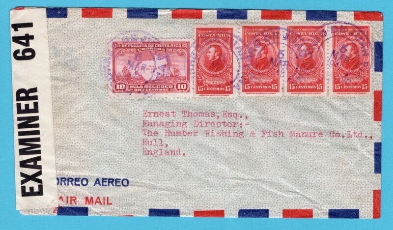 COSTA RICA air censor cover 1943 Juan Viñas to England