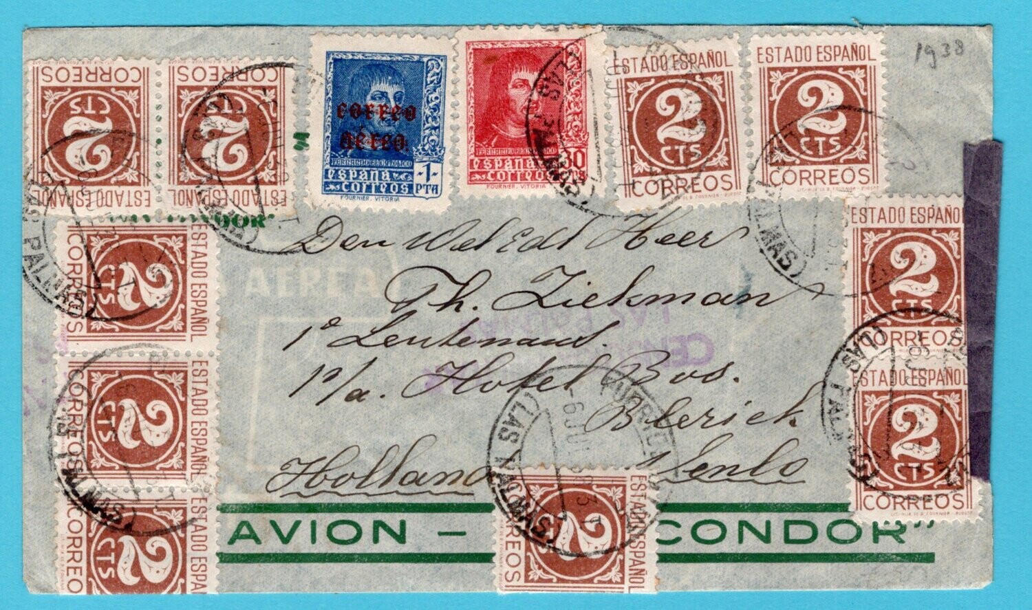 SPAIN censored airmail cover 1938 Las Palmas to Netherlands