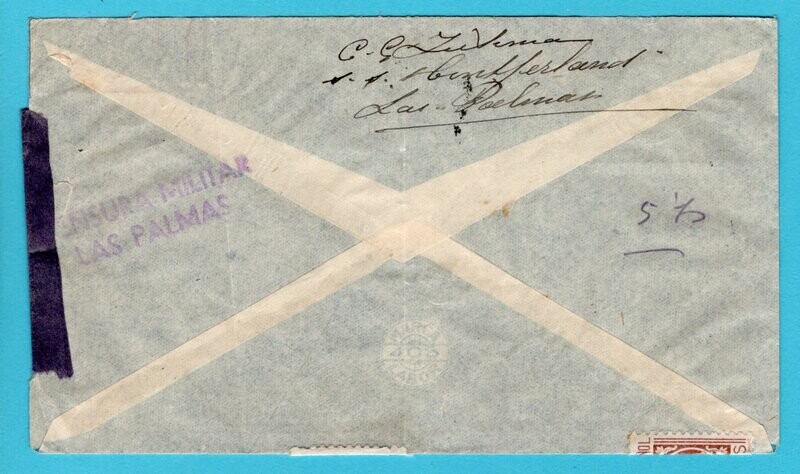 SPAIN censored airmail cover 1938 Las Palmas to Netherlands