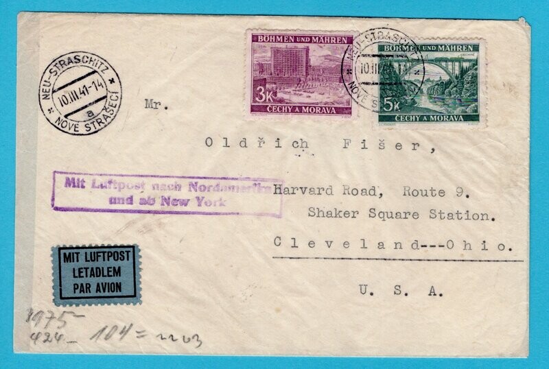 BOHEMEN MORAVIA air cover 1941 Neu Strachitz to USA